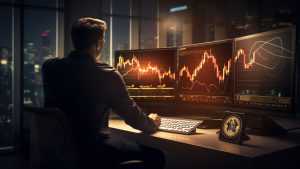 Курс биткоина активно меняется на экране компьютера На изображении мужчина за рабочим столом следит за курсом валют