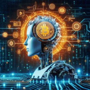На изображении голова искусственного интеллекта с биткоином