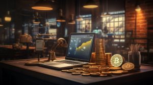 На изображении ноутбук с графиком и стол с биткоинами