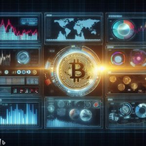 Биткоин на цифровом экране На изображении экран с аналитикой и биткоином по центру